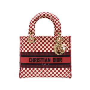 Christian Dior Lady Bag Red White Canvas Polka Dot Handbag Shoulder Strap